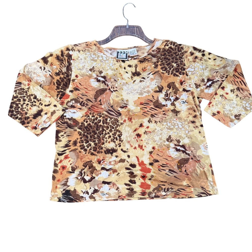 Y2K Take Two Clothing Co Animal Floral Print Sequin 3/4 Sleeve Cotton Top Medium